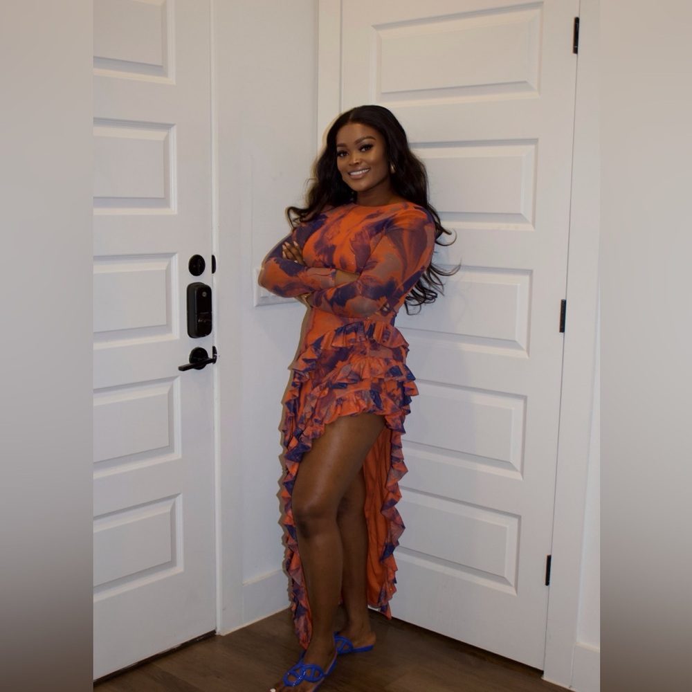 Ruffle mesh maxi dress